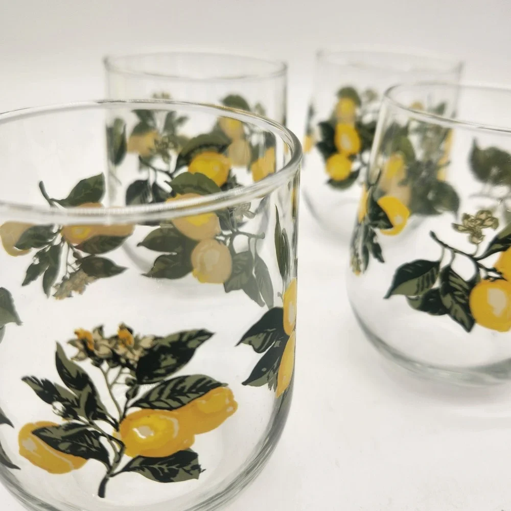 Set of 4 Lemon Citrus Print Stemless Wine Glasses Tumblers Clear‎ Yellow Green